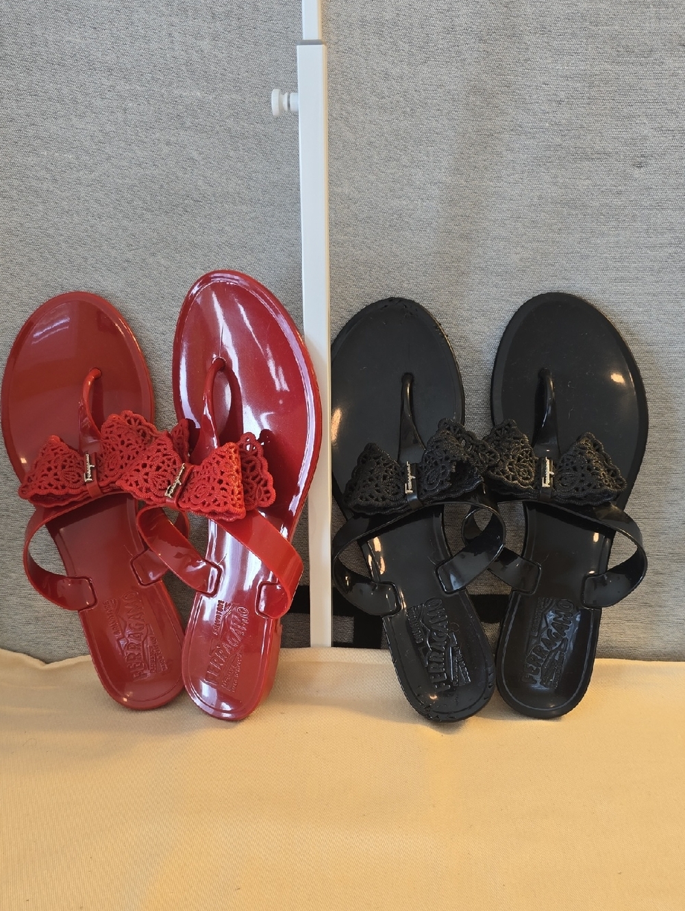 Ferragamo Bow Jelly Flip Flop Sandals in Red or Black.   7